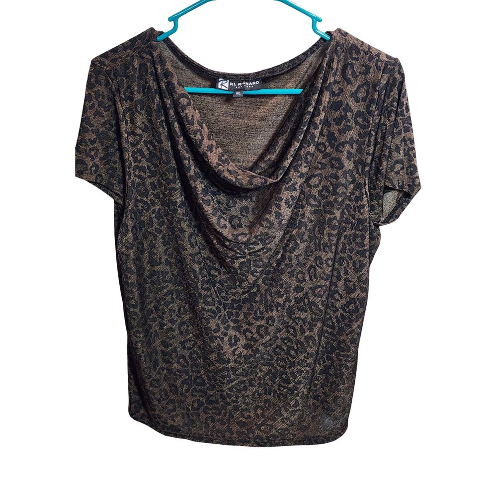 RL Richard New York 1X Metallic Gold & Bronze Foil Leopard Cowl Neck Blouse